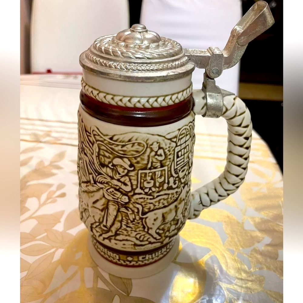 Vintage 1980 Avon Beer Stein/Mug Western Cowboys Cattle Drive Stagecoach